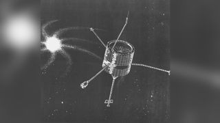 A black and white drawing of a cylindrical satellite with antennae sticking out of the sides floating in space.