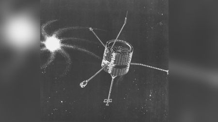 A black and white drawing of a cylindrical satellite with antennae sticking out of the sides floating in space.