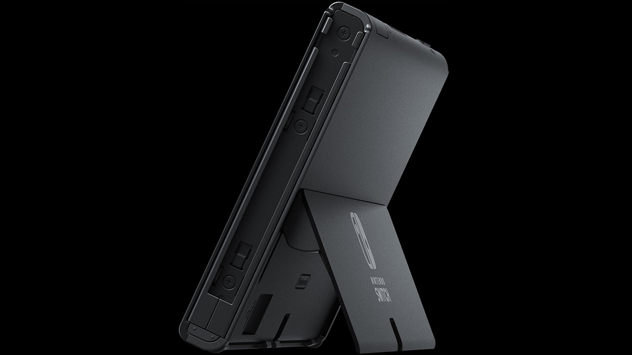 View of the rear of the Nintendo Switch OLED showing its wider kickstand