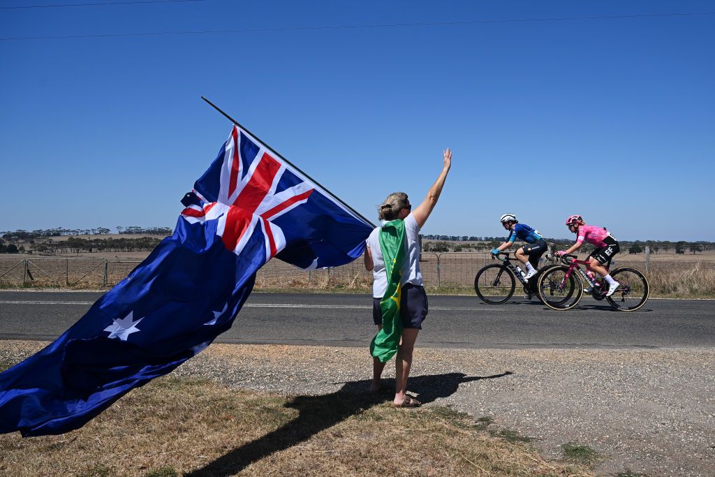 GEELONG AUSTRALIA FEBRUARY 01 A general view of Stine Dale of Norway and Team Coop Repsol and Nicole Steigenga of The Netherlands and AG Insurance Soudal Team compete in the breakaway while a fan cheers during the 9th Cadel Evans Great Ocean Road Race 2025 Womens Elite a 1418km one day race from Geelong to Geelong UCIWWT on February 01 2025 in Geelong Australia Photo by Dario BelingheriGetty Images