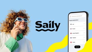 The Saily Logo sitting on a blue background next to a smiling customer speaking on the phone and a smartphone displaying the Saily app