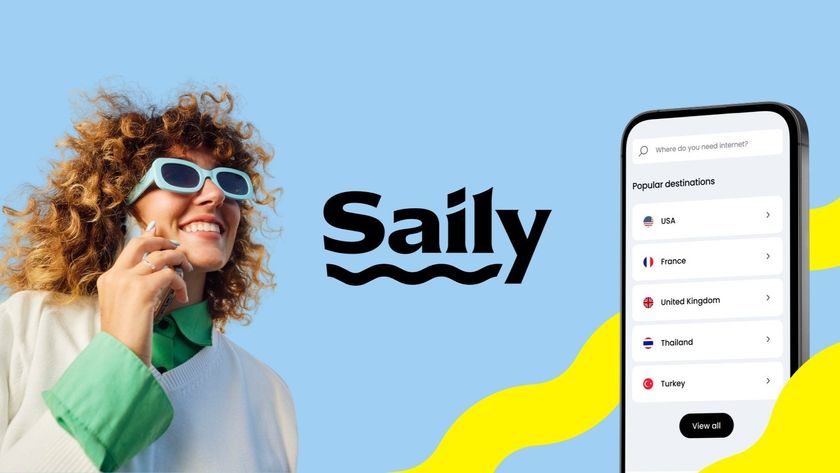 The Saily Logo sitting on a blue background next to a smiling customer speaking on the phone and a smartphone displaying the Saily app