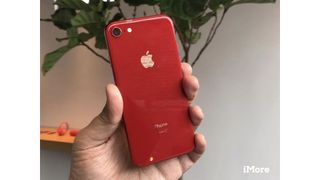 Someone holding an iPhone 8 displaying its back