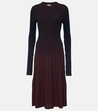 Striped Pleated Ribbed-Knit Midi Dress