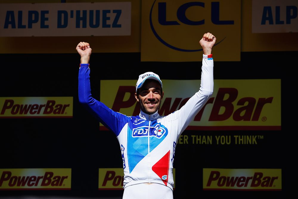 Thibaut Pinot on the stage 20 podium.