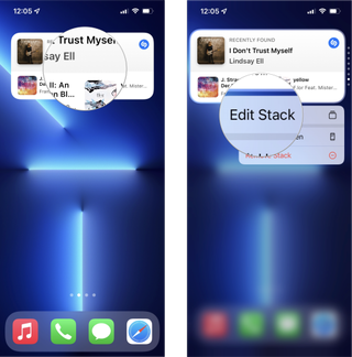 How to edit a widget stack: Tap and hold on the stack, tap Edit Stack