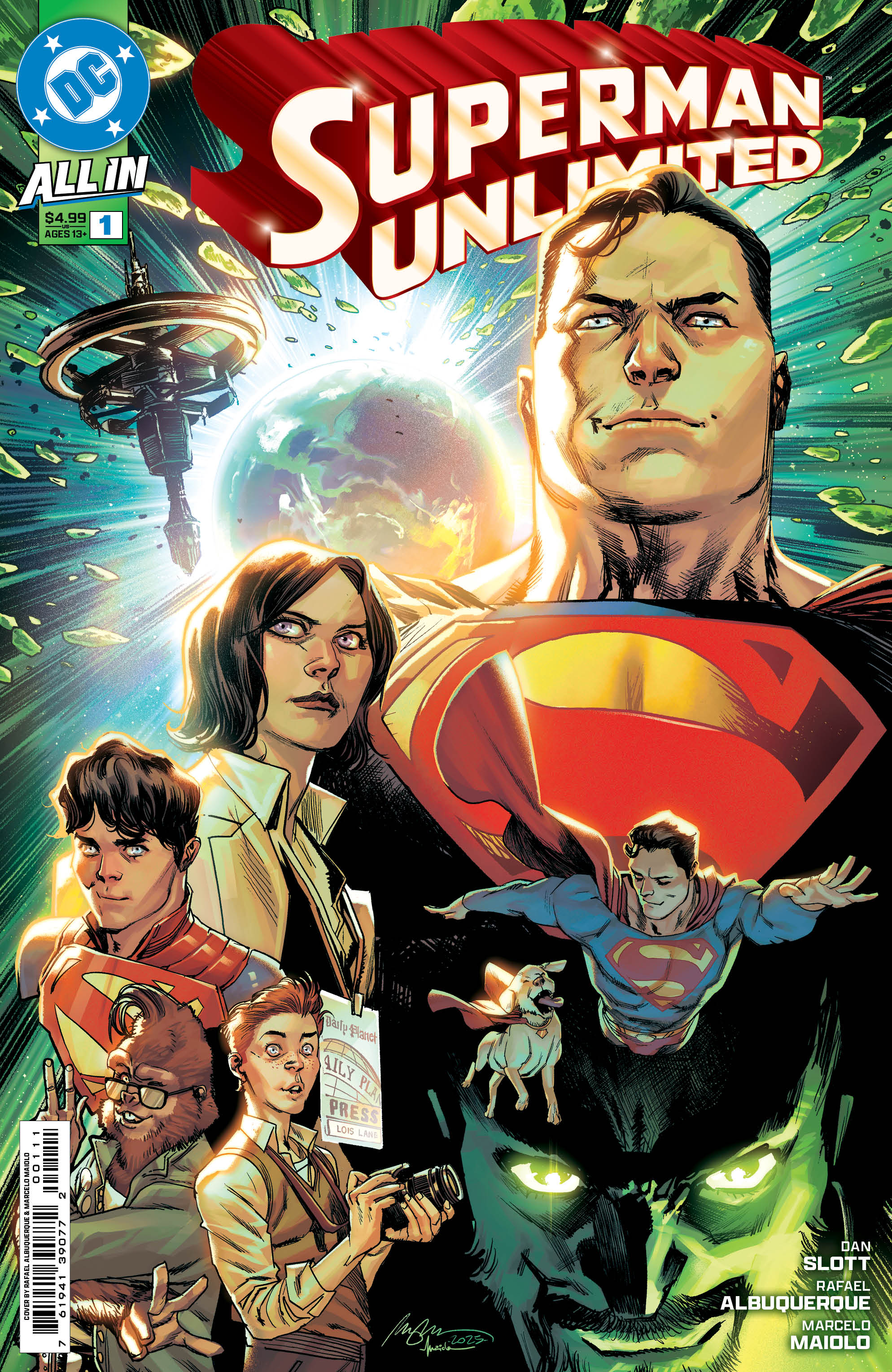 Albuquerque and Maiolo's cover for Superman Unlimited #1 shows the Man of Steel and his friends.