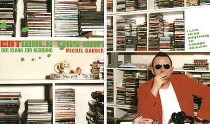 A photo of a male with shelves of records. 
