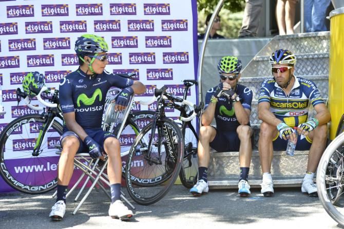 Movistar teammates Nairo Quintana and Alejandro Valverde with Juan Antonio Flecha (Vacansoleil-DCM)