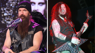 Photos of Zakk Wylde sitting down and Dimebag Darrell performing on-stage