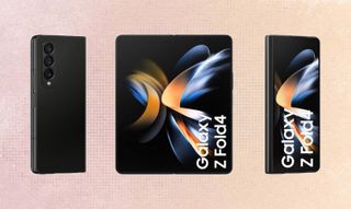 Three alleged renders of the Samsung Galaxy Z Fold 4, closed from the front and back, and open, on an orange background