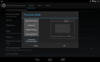 Processor Mode settings from within the SHIELD Power Control