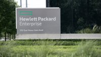Sign and logo of Hewlett Packard Enterprise (HPE), developer of HPE GreenLake cloud platform, pictured at the company headquarters in Spring, Texas, US, on Monday, May 29, 2023