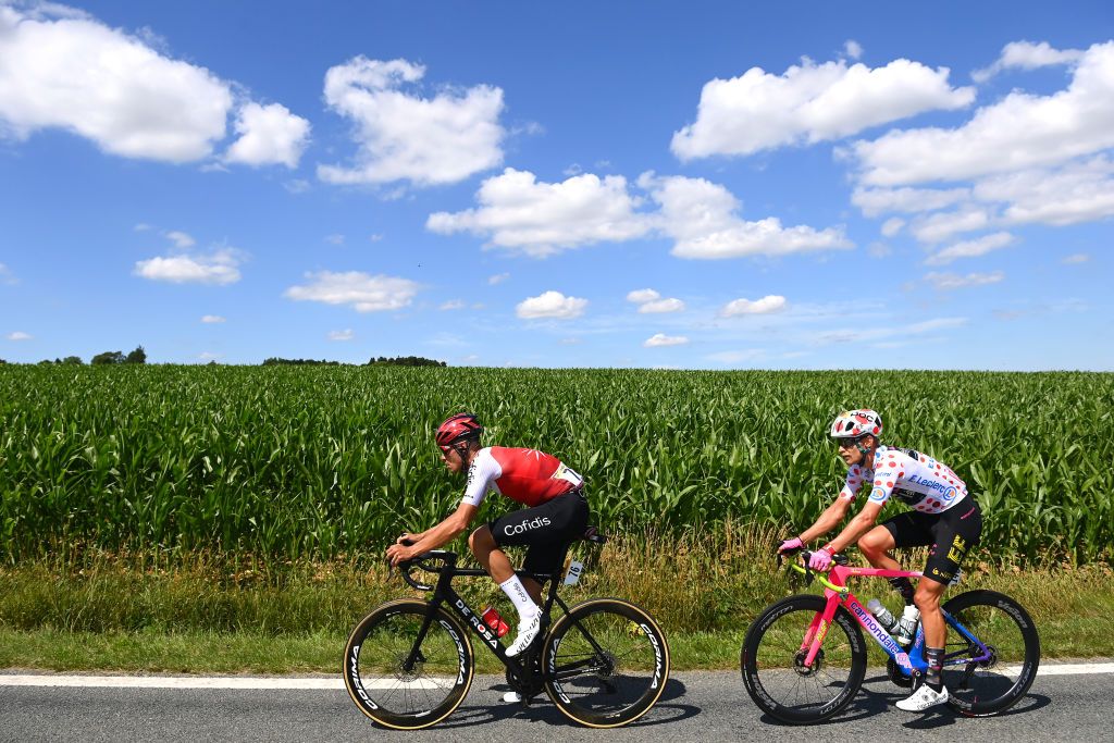 CALAIS FRANCE JULY 05 LR Anthony Perez of France and Team Cofidis and Magnus Cort Nielsen of Denmark and Team EF Education Easypost Polka Dot Mountain Jersey compete in the breakaway during the 109th Tour de France 2022 Stage 4 a 1715km stage from Dunkerque to Calais TDF2022 WorldTour on July 05 2022 in Calais France Photo by Tim de WaeleGetty Images