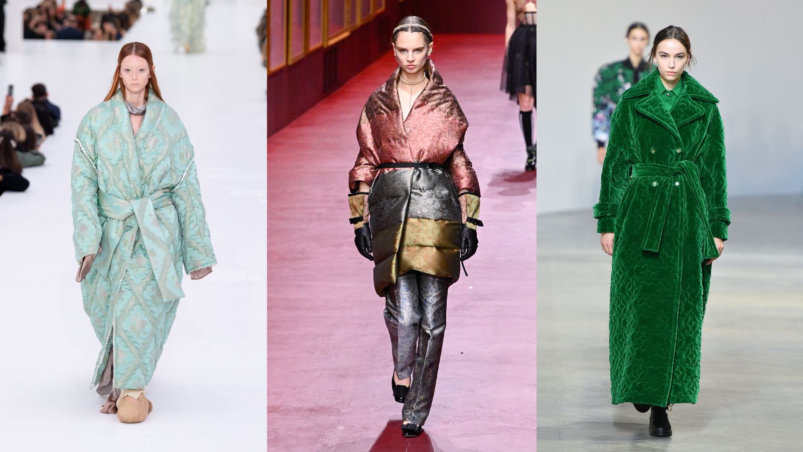 A composite of models on the runway showing winter 2022 fashion trends robes