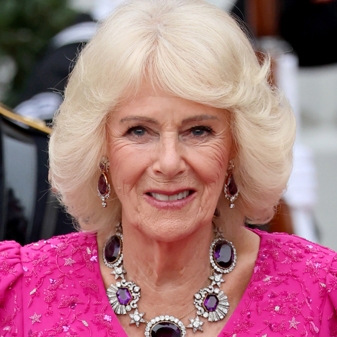 Queen Camilla in a pink gown and amethyst necklace