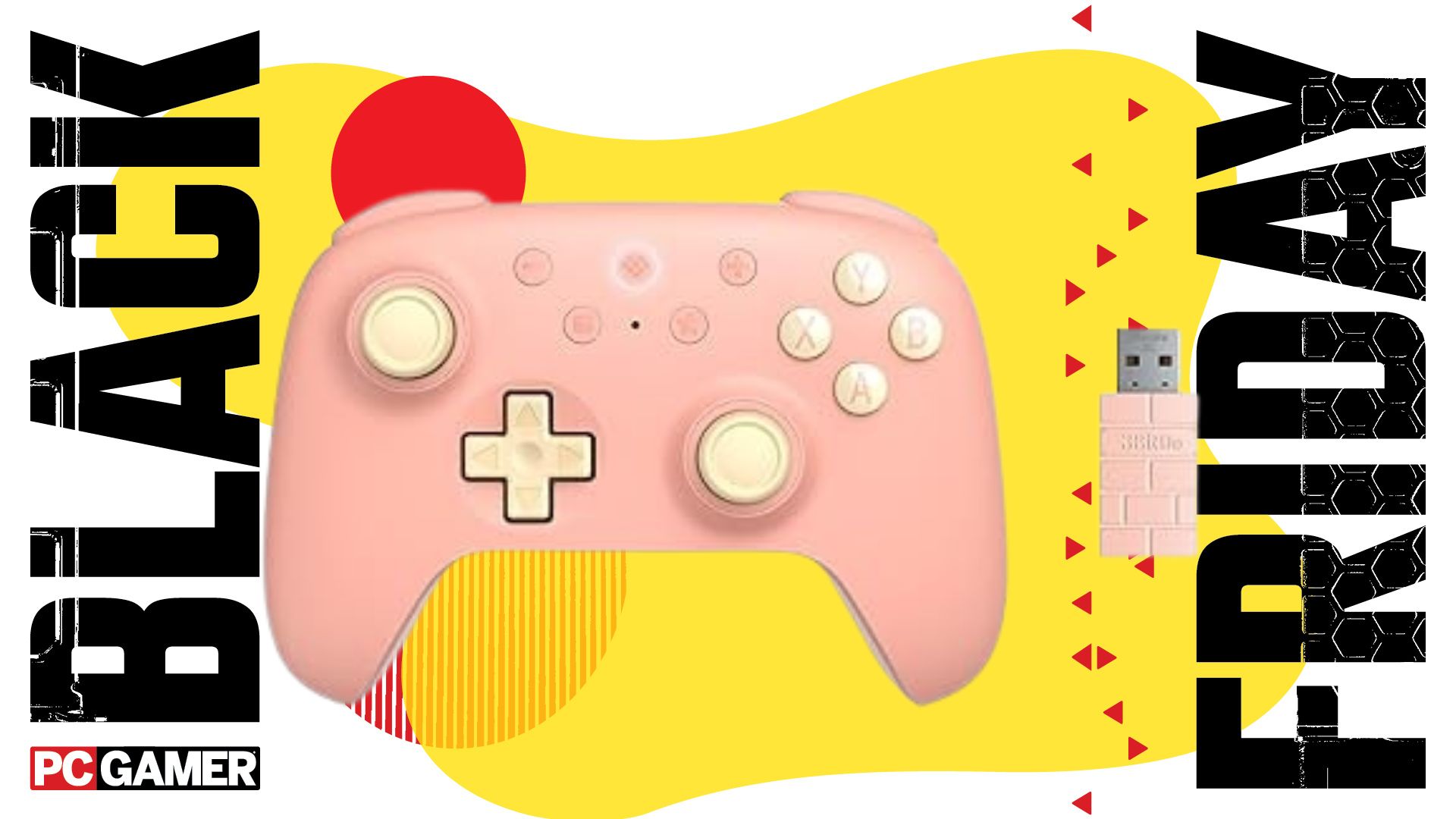 8BitDo Ultimate 2C wireless controller (in Peach) on a yellow background with &#039;Black Friday&#039; written on the side