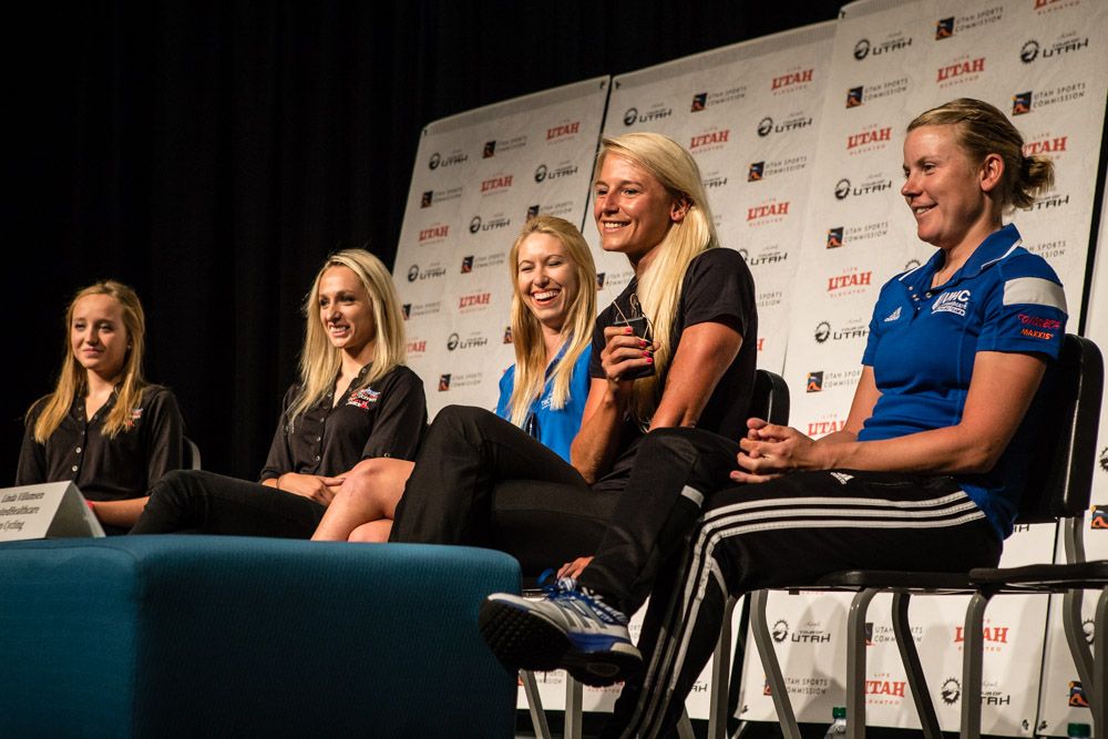 Allie Dragoo (Team Twenty 16) gets a laugh during the press conference.