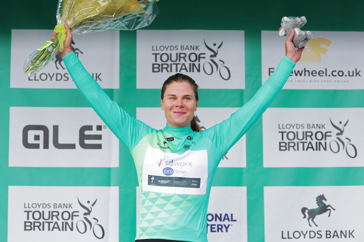 Picture by Alex Whitehead/SWpix.com - 06/06/2024 - Cycling - UCI Women's World Tour - Lloyds Bank Tour of Britain Women - Stage 1: Welshpool to Llandudno, Wales - Lotte Kopecky of Team SD Worx-Protime in the Race Leader's Jersey