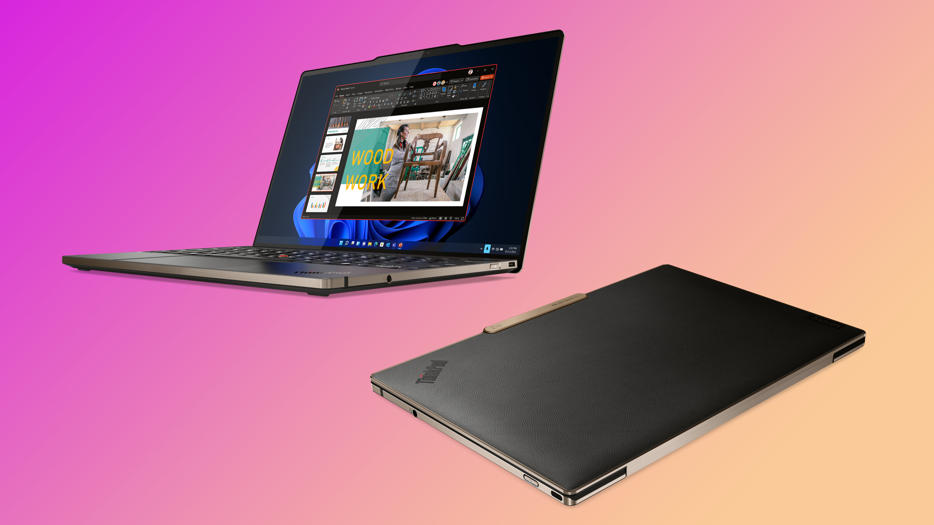 Lenovo ThinkPad Z13 and ThinkPad Z16 on a pastel background