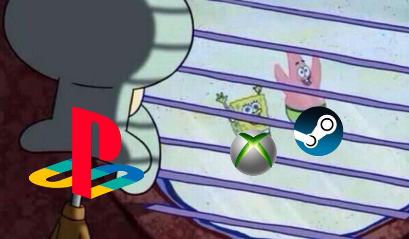 Spongebob meme with Xbox logo, Steam logo, and PlayStation logo