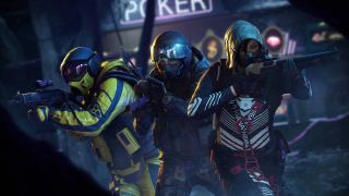 Rainbow Six Extraction crossplay - operators hold guns at the ready in a dark containment zone.