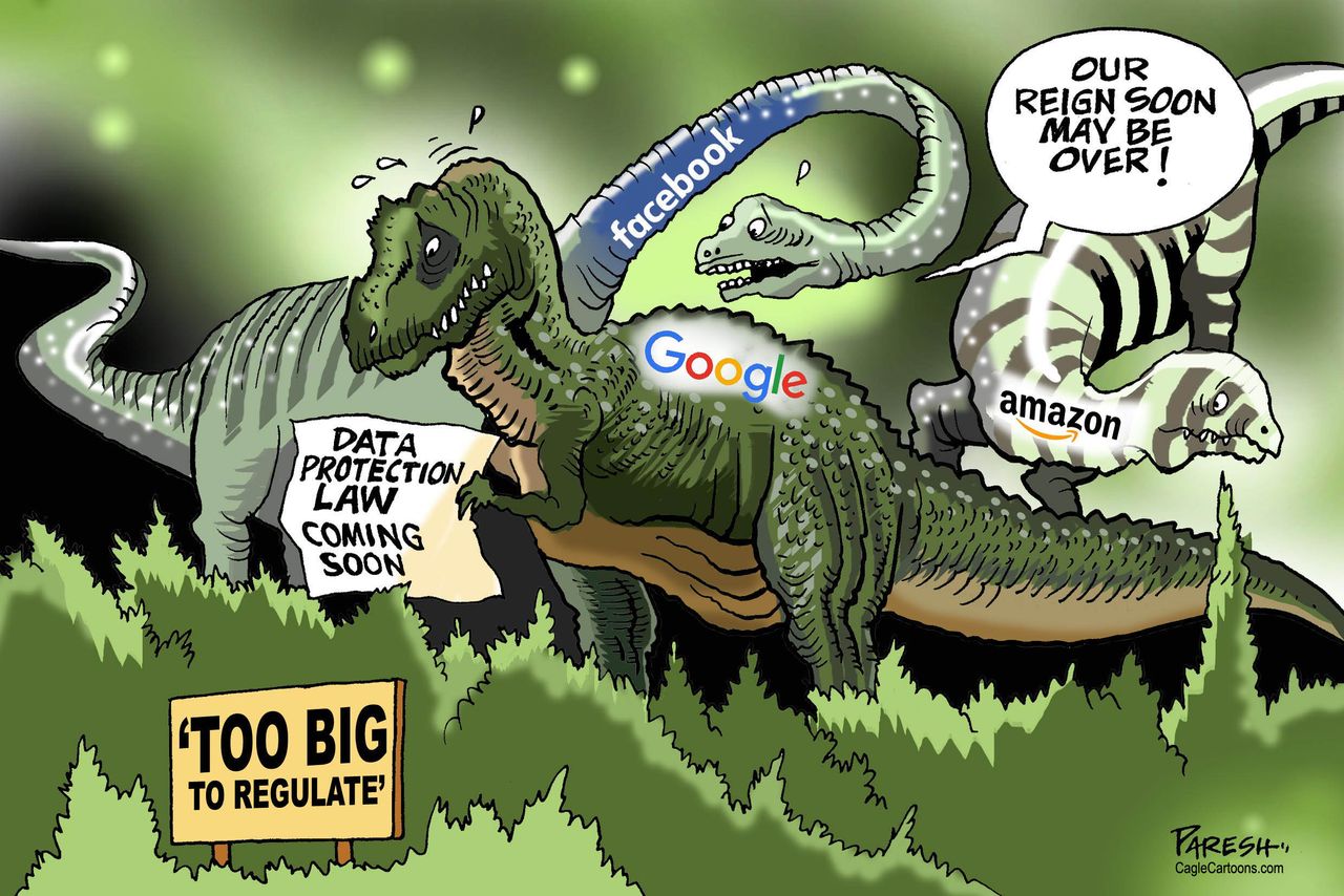 Political cartoon U.S. Facebook data privacy scandal Cambridge Analytica Google Amazon data protection law