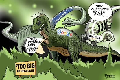 Political cartoon U.S. Facebook data privacy scandal Cambridge Analytica Google Amazon data protection law