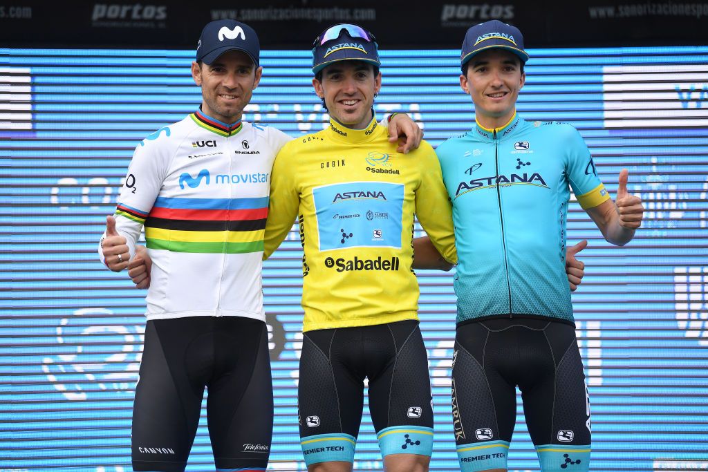 The final podium (L-R) Alejandro Valverde, Ion Izagirre, Pello Bilbao