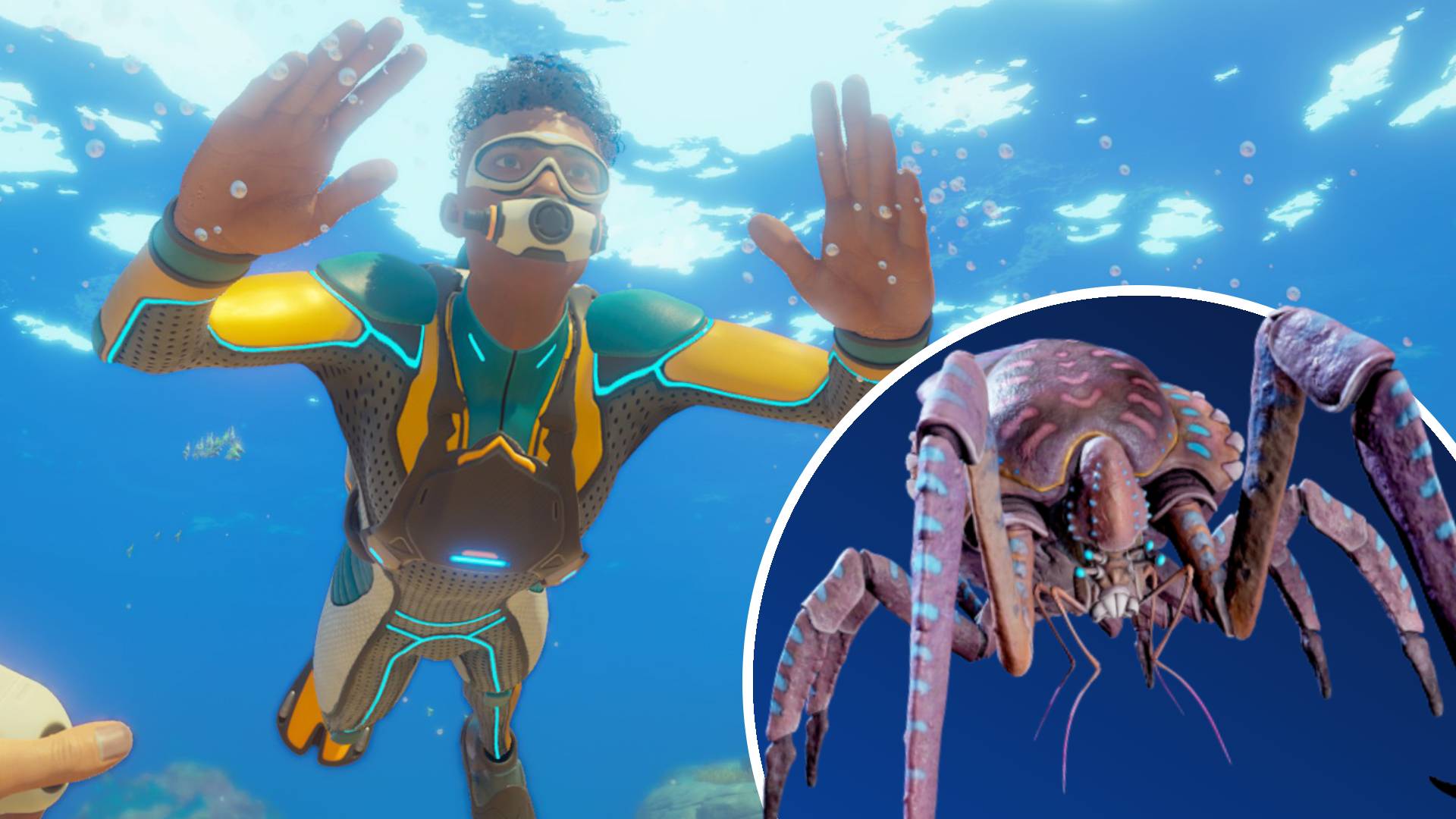 Subnautica 2 diver with a freaky Coral Crab in the corner.