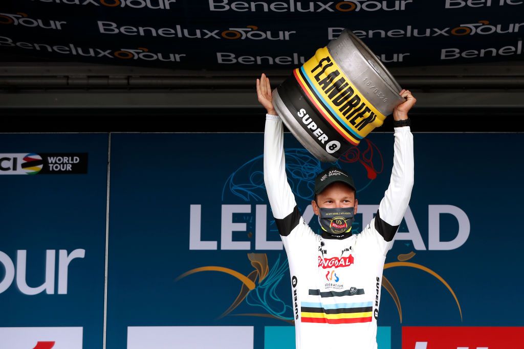 LELYSTAD NETHERLANDS AUGUST 31 Arjen Livyns of Belgium and Team Bingoal WB celebrates winning the White Combativity Jersey on the podium ceremony after the 17th Benelux Tour 2021 Stage 2 a 111km Individual Time Trial stage from Lelystad to Lelystad ITT BeneluxTour on August 31 2021 in Lelystad Netherlands Photo by Bas CzerwinskiGetty Images