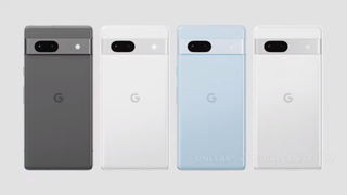 A screenshot from an alleged leaked Google Pixel 7a advert, showing the Pixel in pale blue, black and white