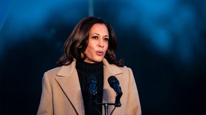 U.S. Vice President-elect Kamala Harris speaks during a Covid-19 memorial to lives lost on the National Mall in Washington, D.C., U.S., on Tuesday, Jan. 19, 2021. President-elect Joe Biden arrived in Washington on the eve of his inauguration with the usual backdrop of celebrations and political comity replaced by a military lockdown. Photographer: Al Drago/Bloomberg via Getty Images