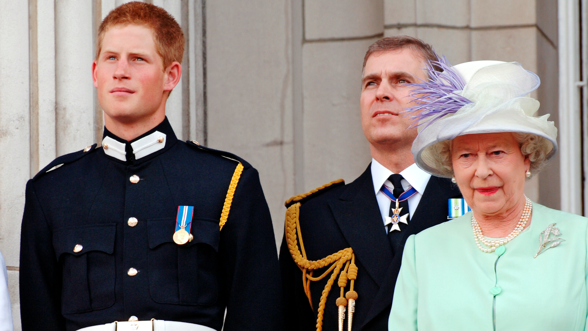 Prince Harry, Prince Andrew and Queen Elizabeth on the Buckingham Palace balcony
