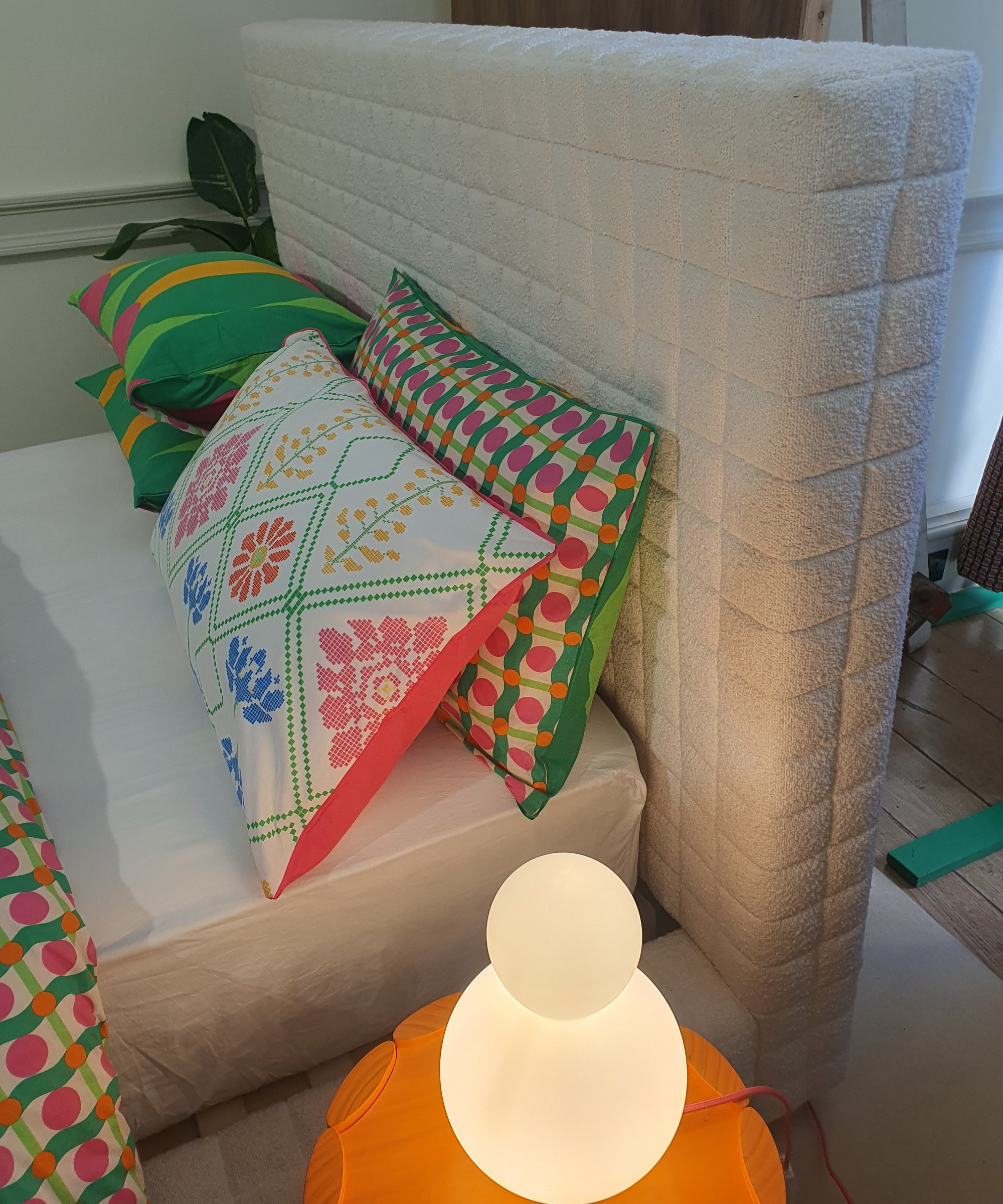 An upholstered ottoman bed from the Dunelm x Yinka Ilori collection at the brand's press preview