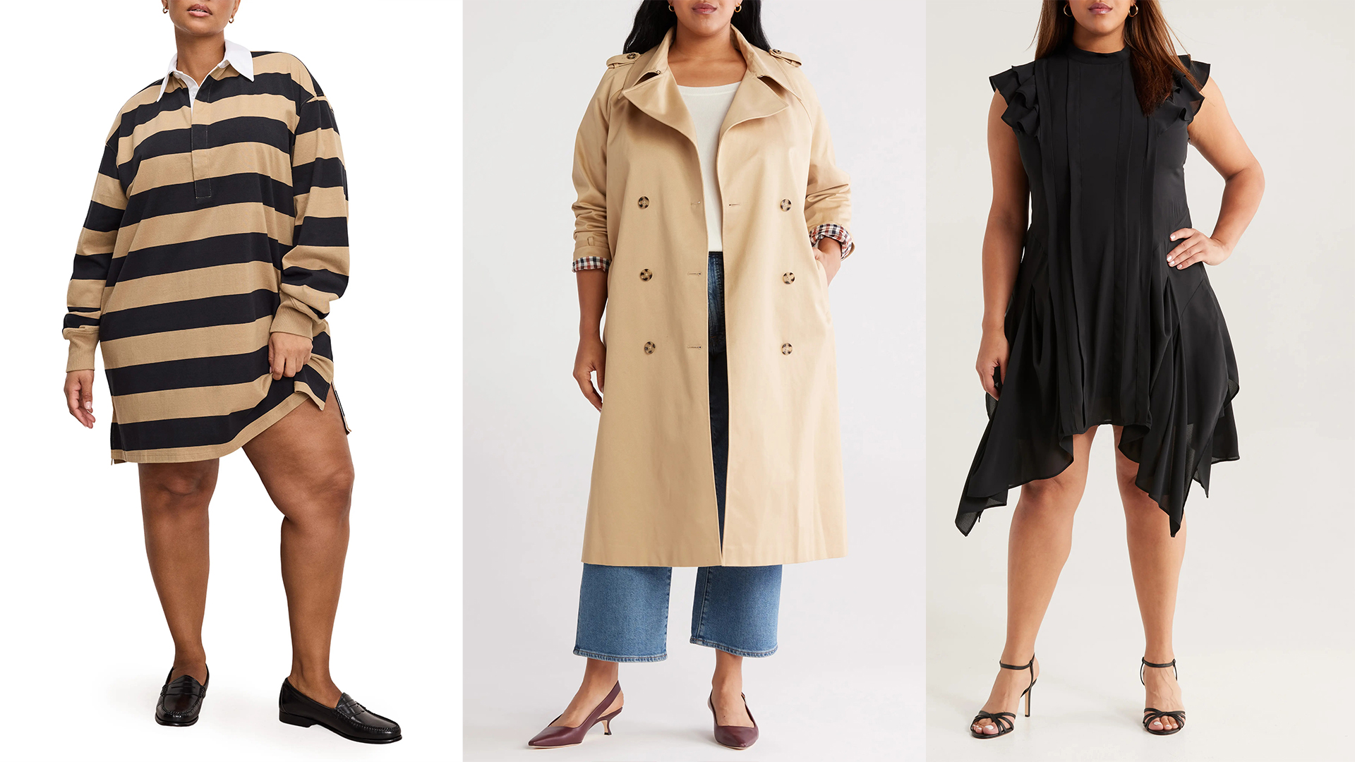 A model wearing a rugby shirtdress, a second model wearing a classic trench coat, jeans, and heels, and a third model wearing a short black handkerchief hemmed dress.