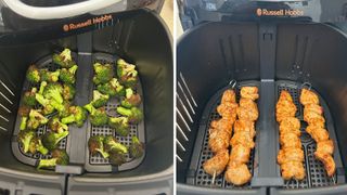 Russell Hobbs Satisfry Snappi cooking broccoli and kebabs