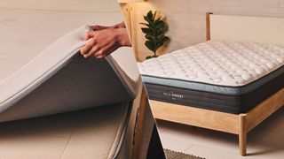 A hand lifts the corner of a latex mattress topper off the mattress beneath (left) and a Helix Sunset Luxe mattress on a bed frame in a bedroom (right)