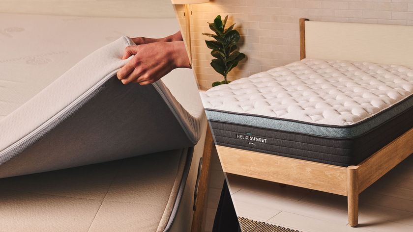 A hand lifts the corner of a latex mattress topper off the mattress beneath (left) and a Helix Sunset Luxe mattress on a bed frame in a bedroom (right)