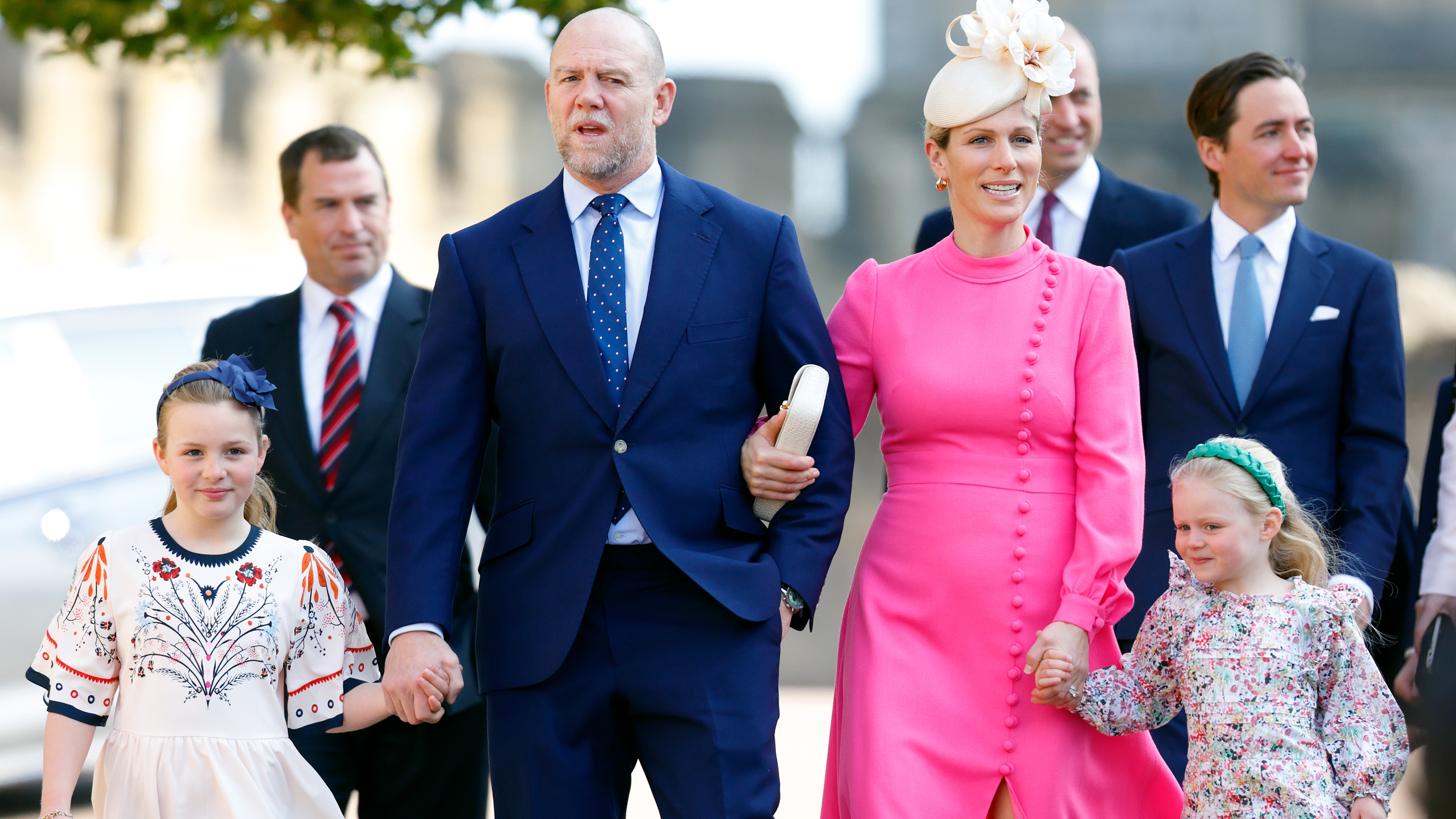 Mia Tindall, Mike Tindall, Zara Tindall and Lena Tindall attend the traditional Easter Sunday Mattins Service at St George's Chapel, Windsor Castle on April 9, 2023