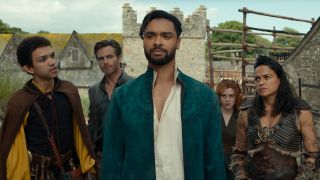 Justice Smith plays Simon, Chris Pine plays Edgin, Rege-Jean Page plays Xenk, Sophia Lillis plays Doric and Michelle Rodriguez plays Holga in Dungeons & Dragons: Honor Among Thieves