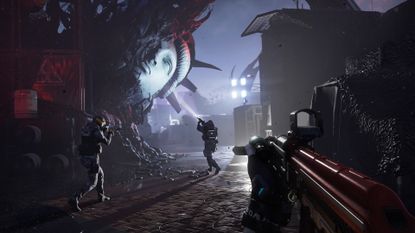 Soldiers raise the sights of their guns to take in the fallen head of the Statue of Liberty