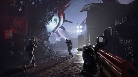 Soldiers raise the sights of their guns to take in the fallen head of the Statue of Liberty