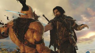Talion thrusting a blade through the face of an orc