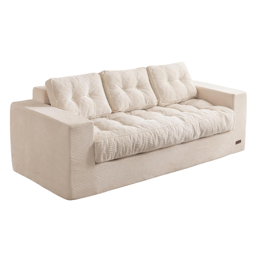 Maxyoyo 3 Seater Couch for Living Room, Boneless Couch With Tufted Cushion & Backrest, Upholstered Floor Sofa With Armrests, Sofa in a Box, No Assembly Required, Beige