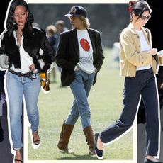 a collage of Rihanna, Princess Diana, and Kendall Jenner wearing blue and black cigarette jeans
