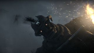 A Colossus being damaged by Wander in Shadow of the Colossus.