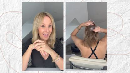 a crinkly paper backdrop with an image of nadine baggott talking and smiling into the camera with another of her sectioning off her hair and painting it with dye