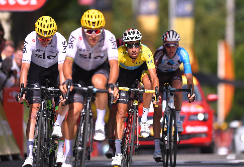Fabio Aru and Chris Froome finish next to each other during stage 13 at the Tour de France