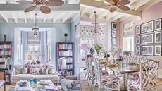 Pale blue living room with rattan ceiling fan on the left, and on the right, a pink dining room with a rattan ceiling fan